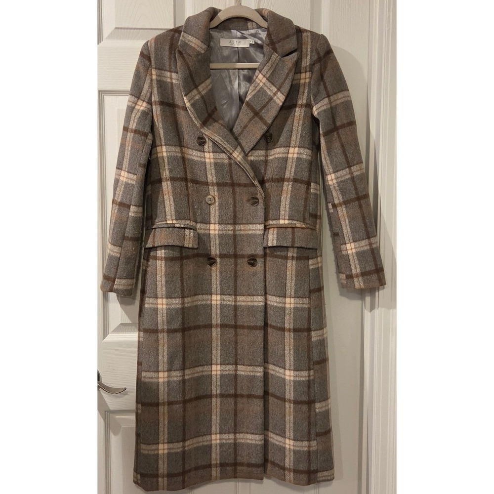 ASTR The Label Raquel Coat XS Grey Brown Plaid Wool Blend Double Breast Revolve